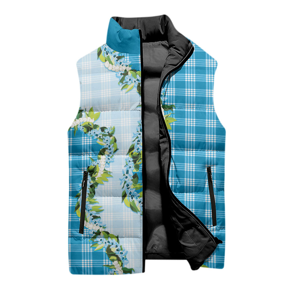 Blue Hawaii Palaka Sleeveless Puffer Jacket Maile Pikake Honohono Orchid Lei