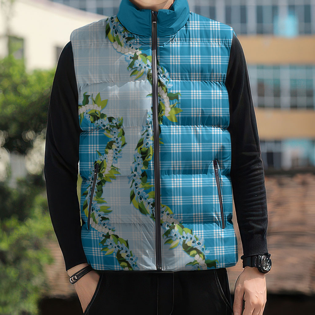 Blue Hawaii Palaka Sleeveless Puffer Jacket Maile Pikake Honohono Orchid Lei