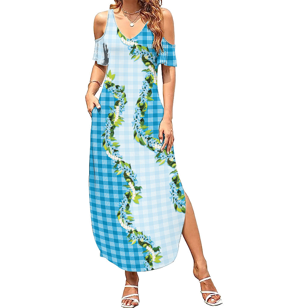 Blue Hawaii Palaka Summer Maxi Dress Maile Pikake Honohono Orchid Lei