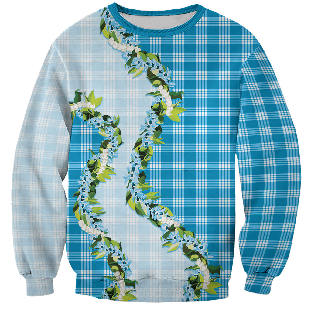 Blue Hawaii Palaka Sweatshirt Maile Pikake Honohono Orchid Lei