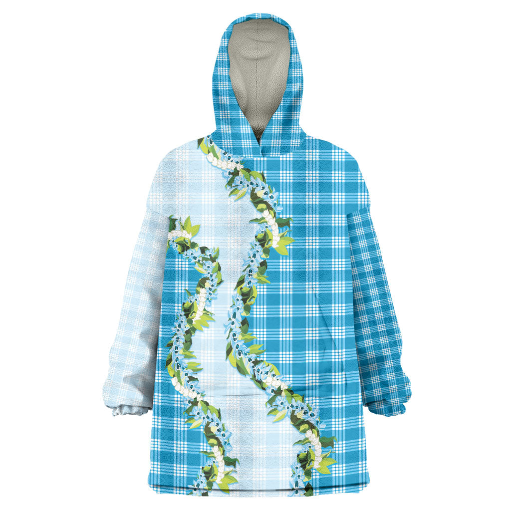 Blue Hawaii Palaka Wearable Blanket Hoodie Maile Pikake Honohono Orchid Lei