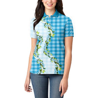 Blue Hawaii Palaka Women Polo Shirt Maile Pikake Honohono Orchid Lei