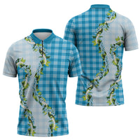 Blue Hawaii Palaka Zipper Polo Shirt Maile Pikake Honohono Orchid Lei
