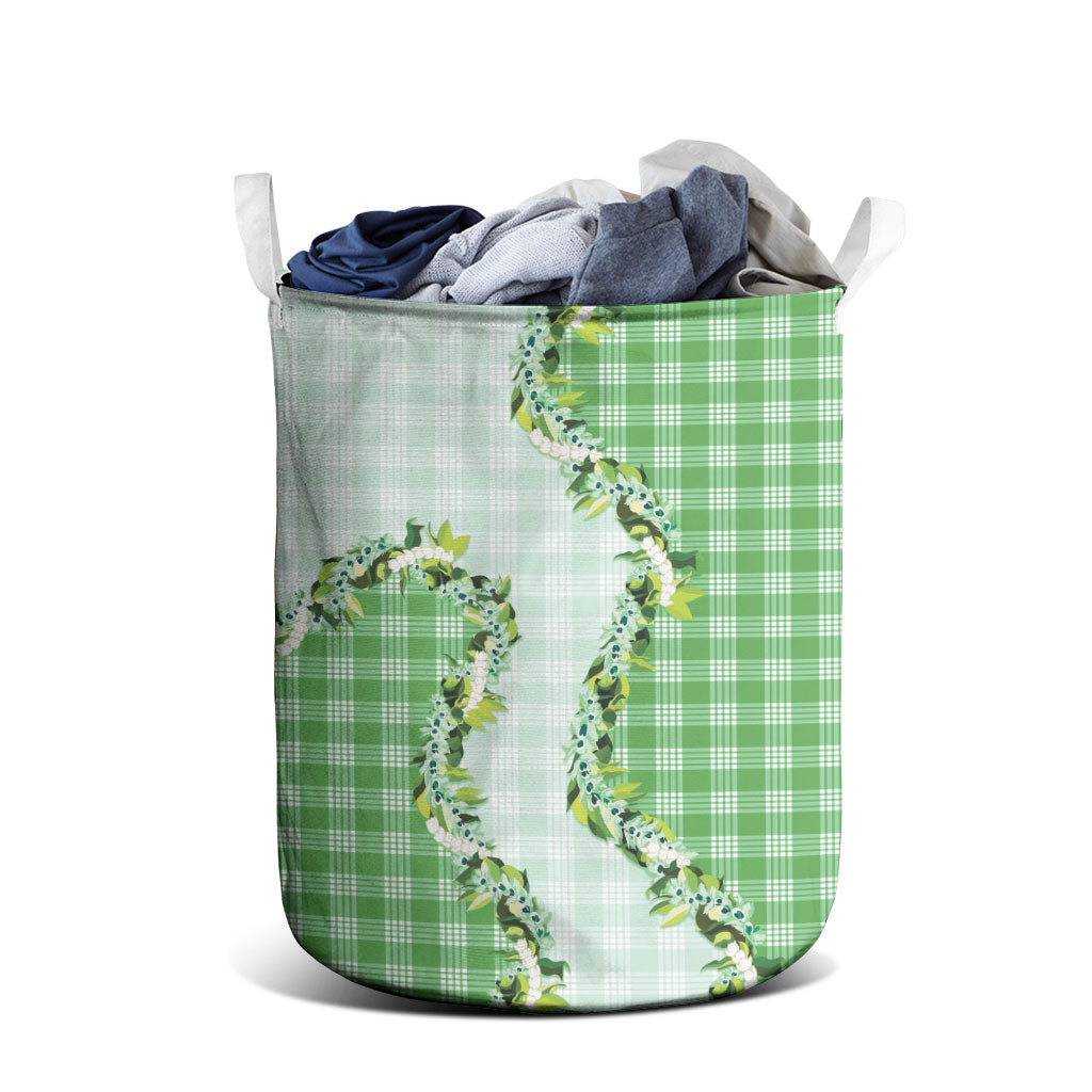 Green Hawaii Palaka Laundry Basket Maile Pikake Honohono Orchid Lei
