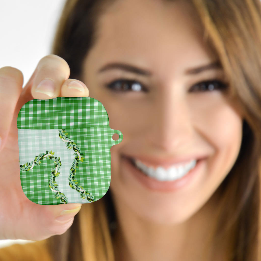 Green Hawaii Palaka AirPods Case Maile Pikake Honohono Orchid Lei