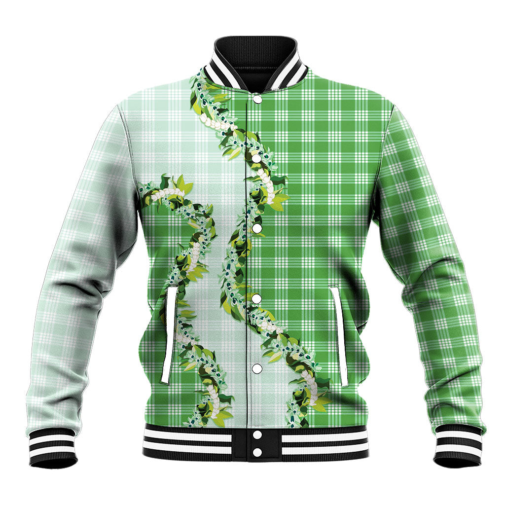 Green Hawaii Palaka Baseball Jacket Maile Pikake Honohono Orchid Lei