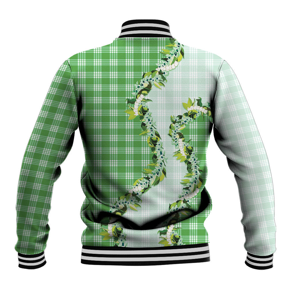 Green Hawaii Palaka Baseball Jacket Maile Pikake Honohono Orchid Lei