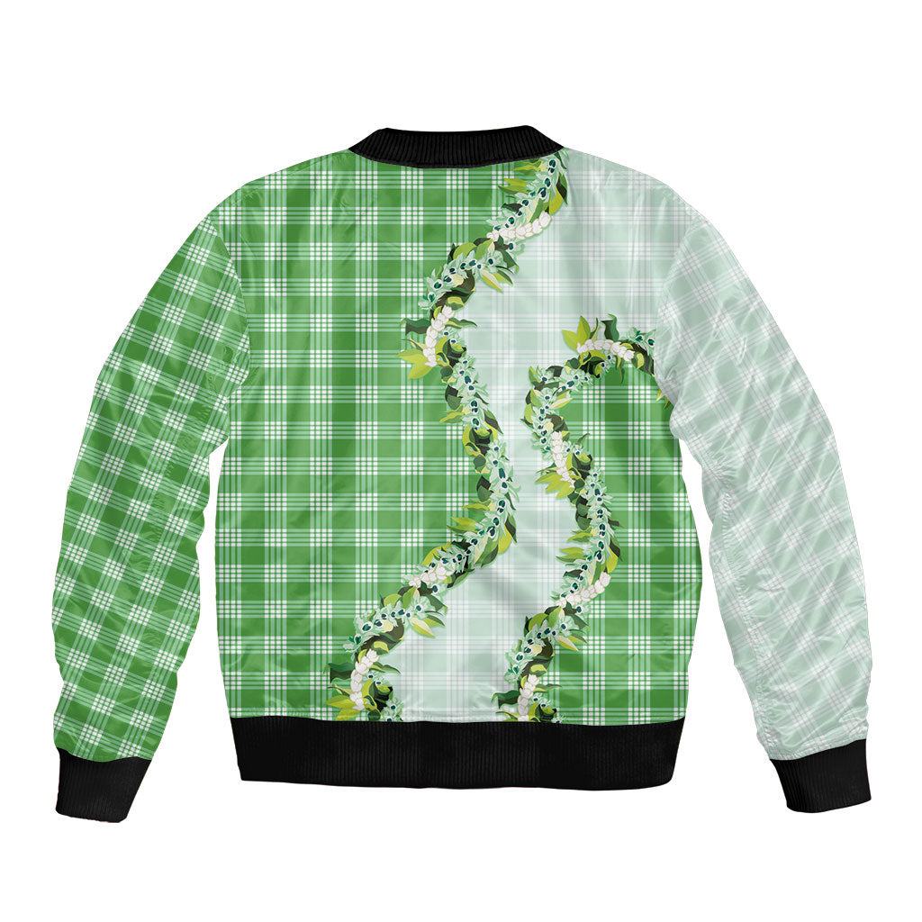 Green Hawaii Palaka Bomber Jacket Maile Pikake Honohono Orchid Lei LT05 - Polynesian Pride