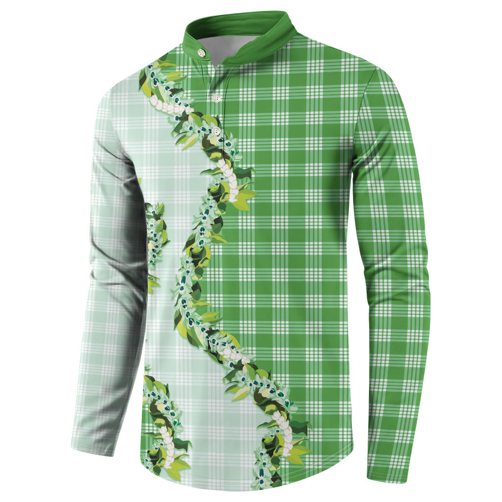 Green Hawaii Palaka Button Sweatshirt Maile Pikake Honohono Orchid Lei