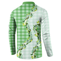 Green Hawaii Palaka Button Sweatshirt Maile Pikake Honohono Orchid Lei