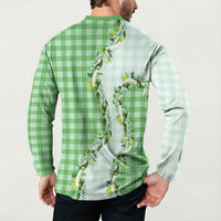 Green Hawaii Palaka Button Sweatshirt Maile Pikake Honohono Orchid Lei