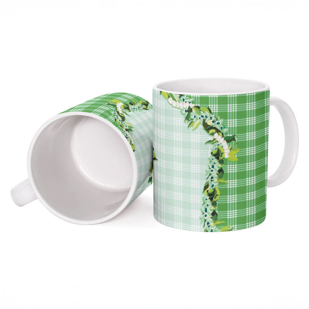 Green Hawaii Palaka Ceramic Mug Maile Pikake Honohono Orchid Lei