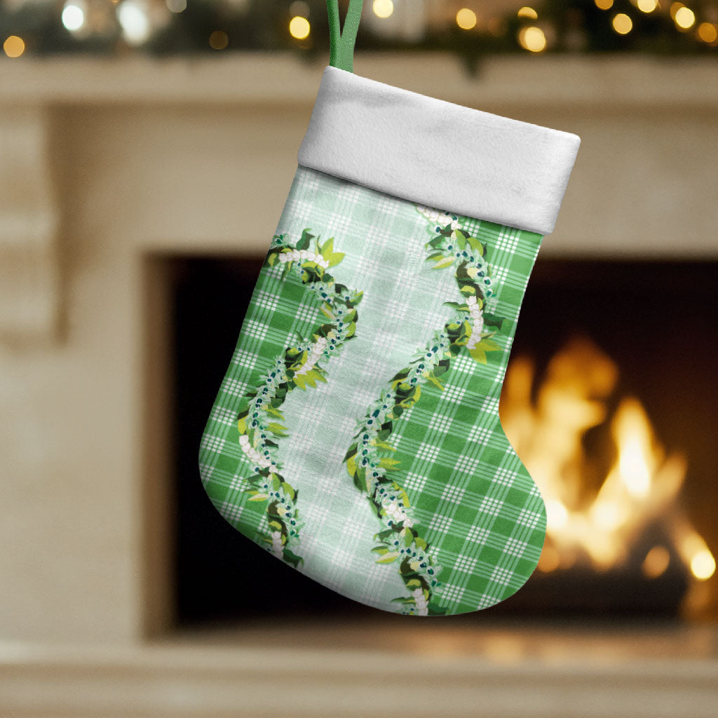 Green Hawaii Palaka Christmas Stocking Maile Pikake Honohono Orchid Lei
