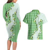 Green Hawaii Palaka Couples Matching Long Sleeve Bodycon Dress and Hawaiian Shirt Maile Pikake Honohono Orchid Lei LT05 - Polynesian Pride