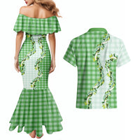 Green Hawaii Palaka Couples Matching Mermaid Dress and Hawaiian Shirt Maile Pikake Honohono Orchid Lei LT05 - Polynesian Pride