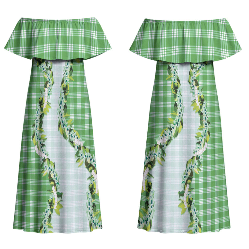Green Hawaii Palaka Couples Matching Off Shoulder Maxi Dress and Long Sleeve Button Shirt Maile Pikake Honohono Orchid Lei LT05 - Polynesian Pride