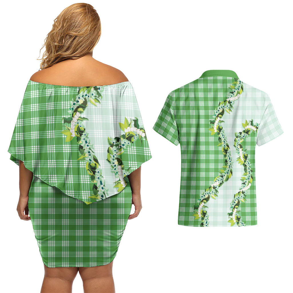 Green Hawaii Palaka Couples Matching Off Shoulder Short Dress and Hawaiian Shirt Maile Pikake Honohono Orchid Lei LT05 - Polynesian Pride