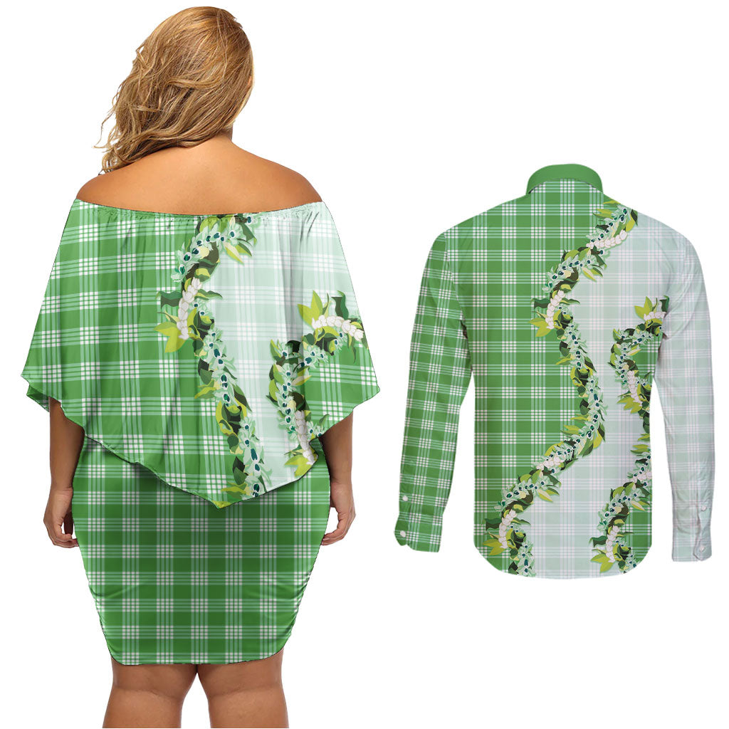 Green Hawaii Palaka Couples Matching Off Shoulder Short Dress and Long Sleeve Button Shirt Maile Pikake Honohono Orchid Lei LT05 - Polynesian Pride