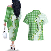 Green Hawaii Palaka Couples Matching Off The Shoulder Long Sleeve Dress and Hawaiian Shirt Maile Pikake Honohono Orchid Lei LT05 - Polynesian Pride