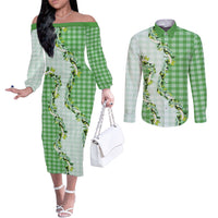 Green Hawaii Palaka Couples Matching Off The Shoulder Long Sleeve Dress and Long Sleeve Button Shirt Maile Pikake Honohono Orchid Lei LT05 Green - Polynesian Pride