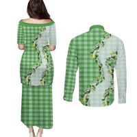 Green Hawaii Palaka Couples Matching Puletasi and Long Sleeve Button Shirt Maile Pikake Honohono Orchid Lei