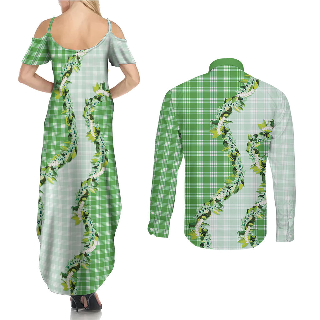 Green Hawaii Palaka Couples Matching Summer Maxi Dress and Long Sleeve Button Shirt Maile Pikake Honohono Orchid Lei