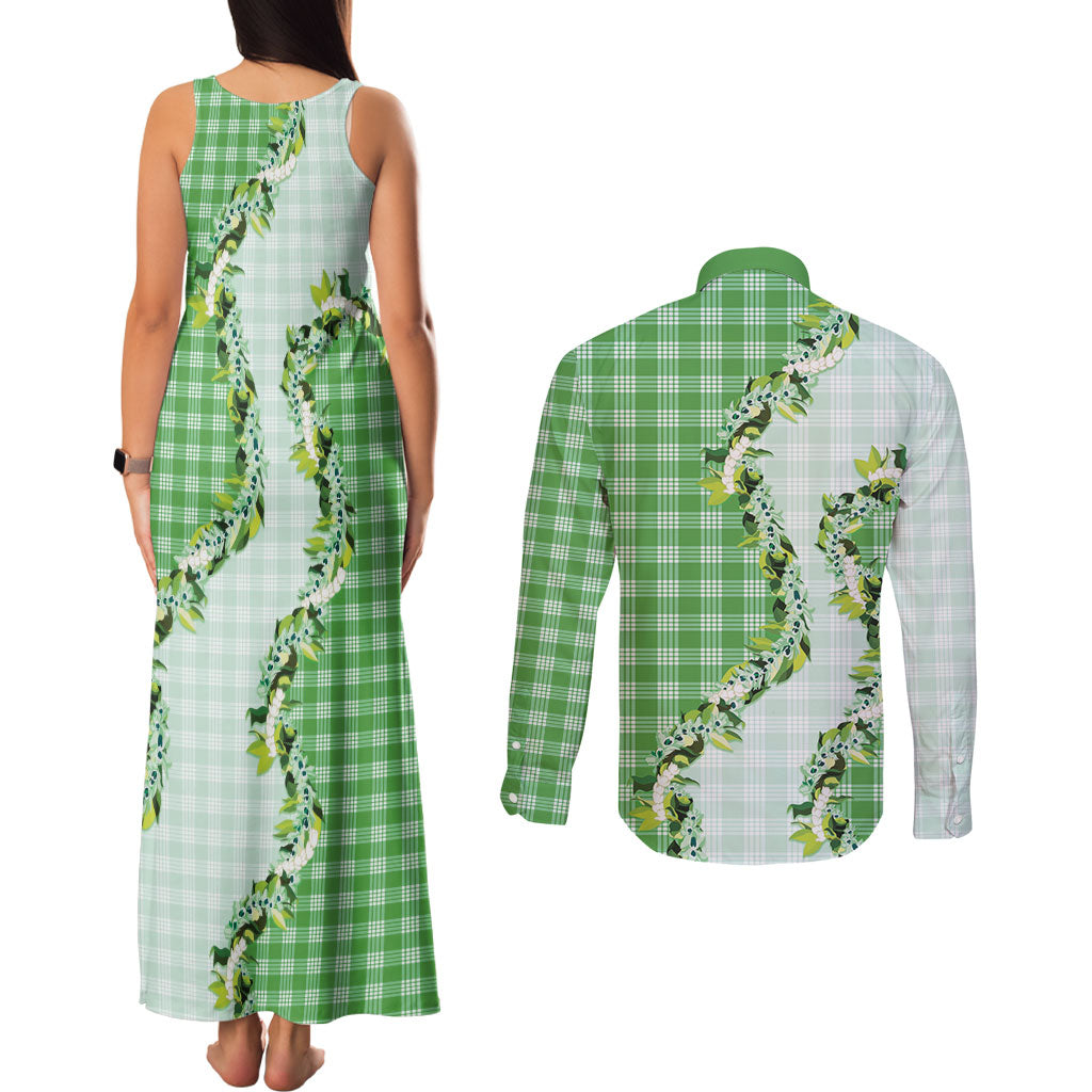 Green Hawaii Palaka Couples Matching Tank Maxi Dress and Long Sleeve Button Shirt Maile Pikake Honohono Orchid Lei LT05 - Polynesian Pride