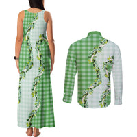 Green Hawaii Palaka Couples Matching Tank Maxi Dress and Long Sleeve Button Shirt Maile Pikake Honohono Orchid Lei LT05 - Polynesian Pride