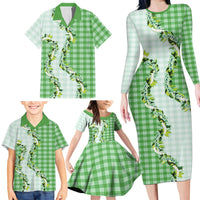 Green Hawaii Palaka Family Matching Long Sleeve Bodycon Dress and Hawaiian Shirt Maile Pikake Honohono Orchid Lei LT05 - Polynesian Pride
