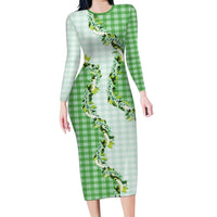 Green Hawaii Palaka Family Matching Long Sleeve Bodycon Dress and Hawaiian Shirt Maile Pikake Honohono Orchid Lei LT05 Mom's Dress Green - Polynesian Pride