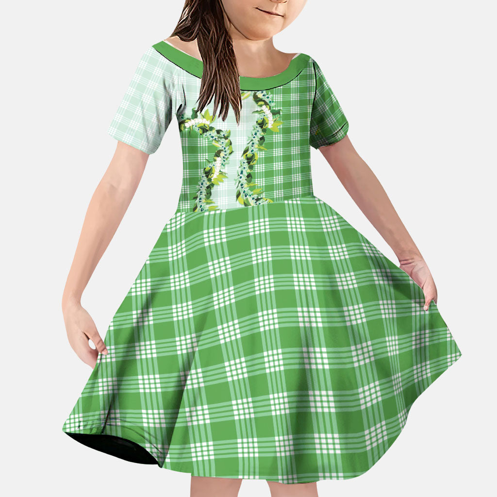 Green Hawaii Palaka Family Matching Off The Shoulder Long Sleeve Dress and Hawaiian Shirt Maile Pikake Honohono Orchid Lei LT05 Daughter's Dress Green - Polynesian Pride