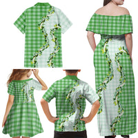 Green Hawaii Palaka Family Matching Off Shoulder Maxi Dress and Hawaiian Shirt Maile Pikake Honohono Orchid Lei LT05 - Polynesian Pride