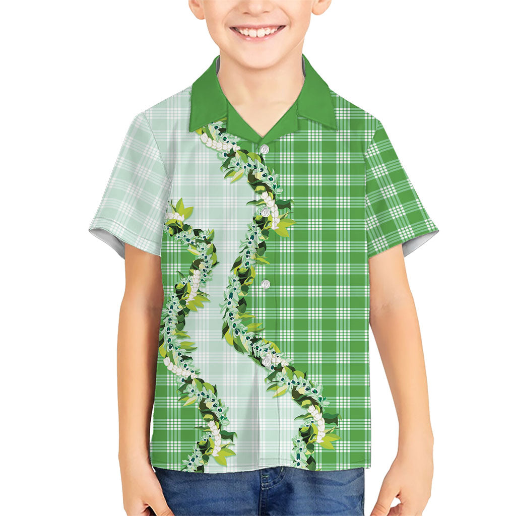 Green Hawaii Palaka Family Matching Off Shoulder Maxi Dress and Hawaiian Shirt Maile Pikake Honohono Orchid Lei LT05 Son's Shirt Green - Polynesian Pride