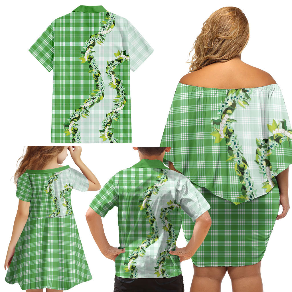 Green Hawaii Palaka Family Matching Off Shoulder Short Dress and Hawaiian Shirt Maile Pikake Honohono Orchid Lei LT05 - Polynesian Pride
