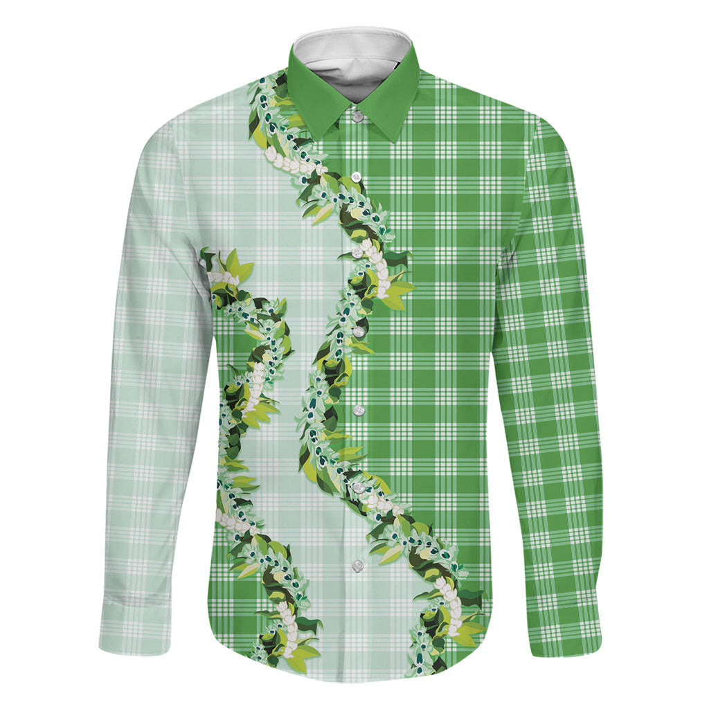 Green Hawaii Palaka Family Matching Off Shoulder Short Dress and Hawaiian Shirt Maile Pikake Honohono Orchid Lei LT05 Dad's Shirt - Long Sleeve Green - Polynesian Pride