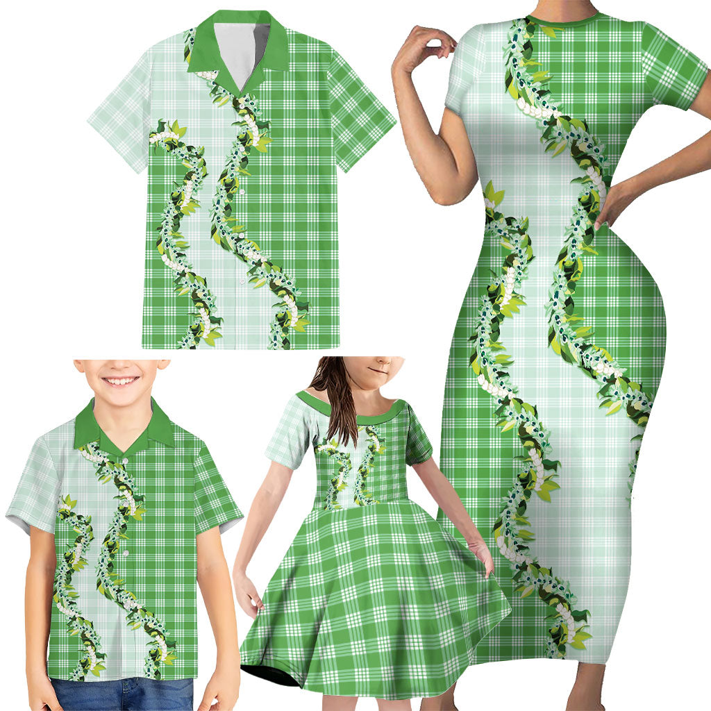 Green Hawaii Palaka Family Matching Short Sleeve Bodycon Dress and Hawaiian Shirt Maile Pikake Honohono Orchid Lei LT05 - Polynesian Pride