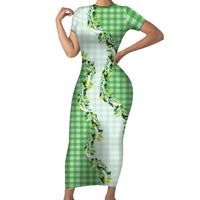 Green Hawaii Palaka Family Matching Short Sleeve Bodycon Dress and Hawaiian Shirt Maile Pikake Honohono Orchid Lei LT05 Mom's Dress Green - Polynesian Pride