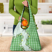 Green Hawaii Palaka Grocery Bag Maile Pikake Honohono Orchid Lei