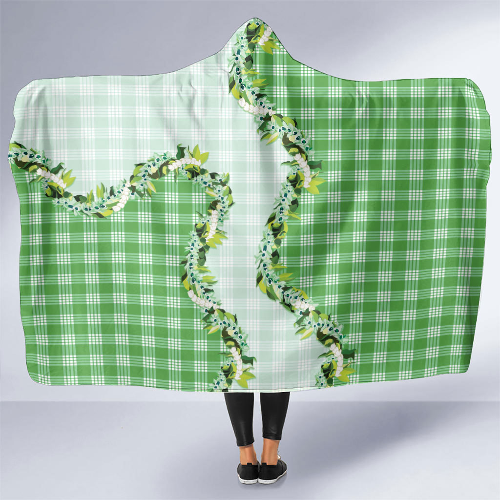 Green Hawaii Palaka Hooded Blanket Maile Pikake Honohono Orchid Lei
