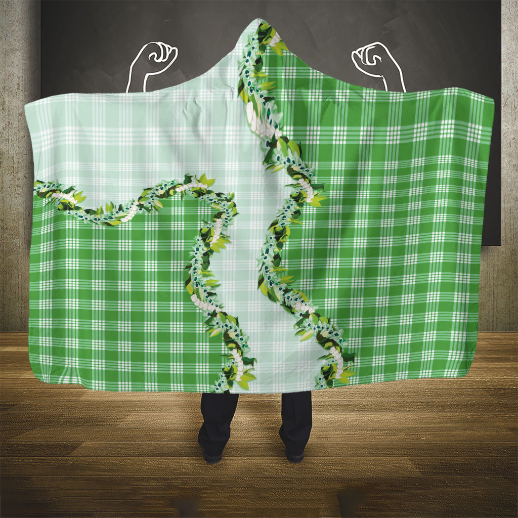 Green Hawaii Palaka Hooded Blanket Maile Pikake Honohono Orchid Lei