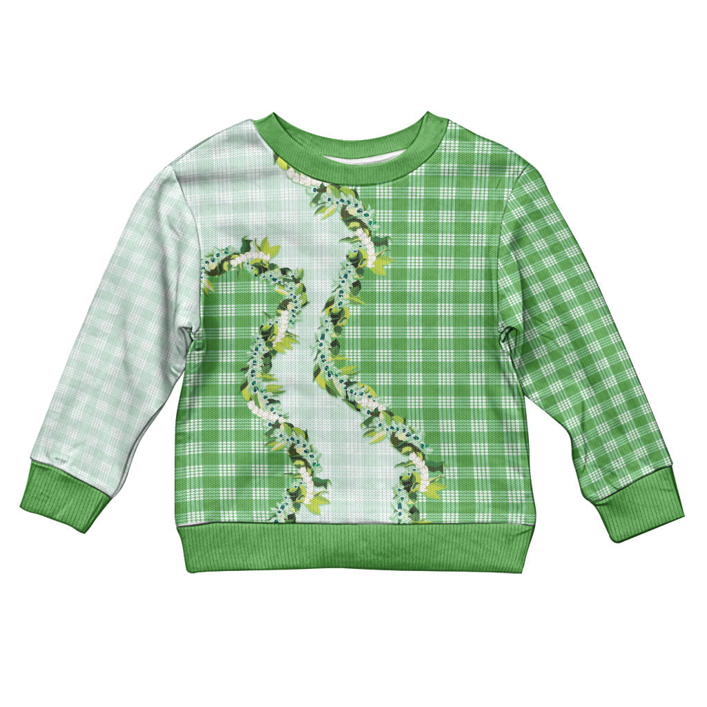 Green Hawaii Palaka Kid Ugly Christmas Sweater Maile Pikake Honohono Orchid Lei