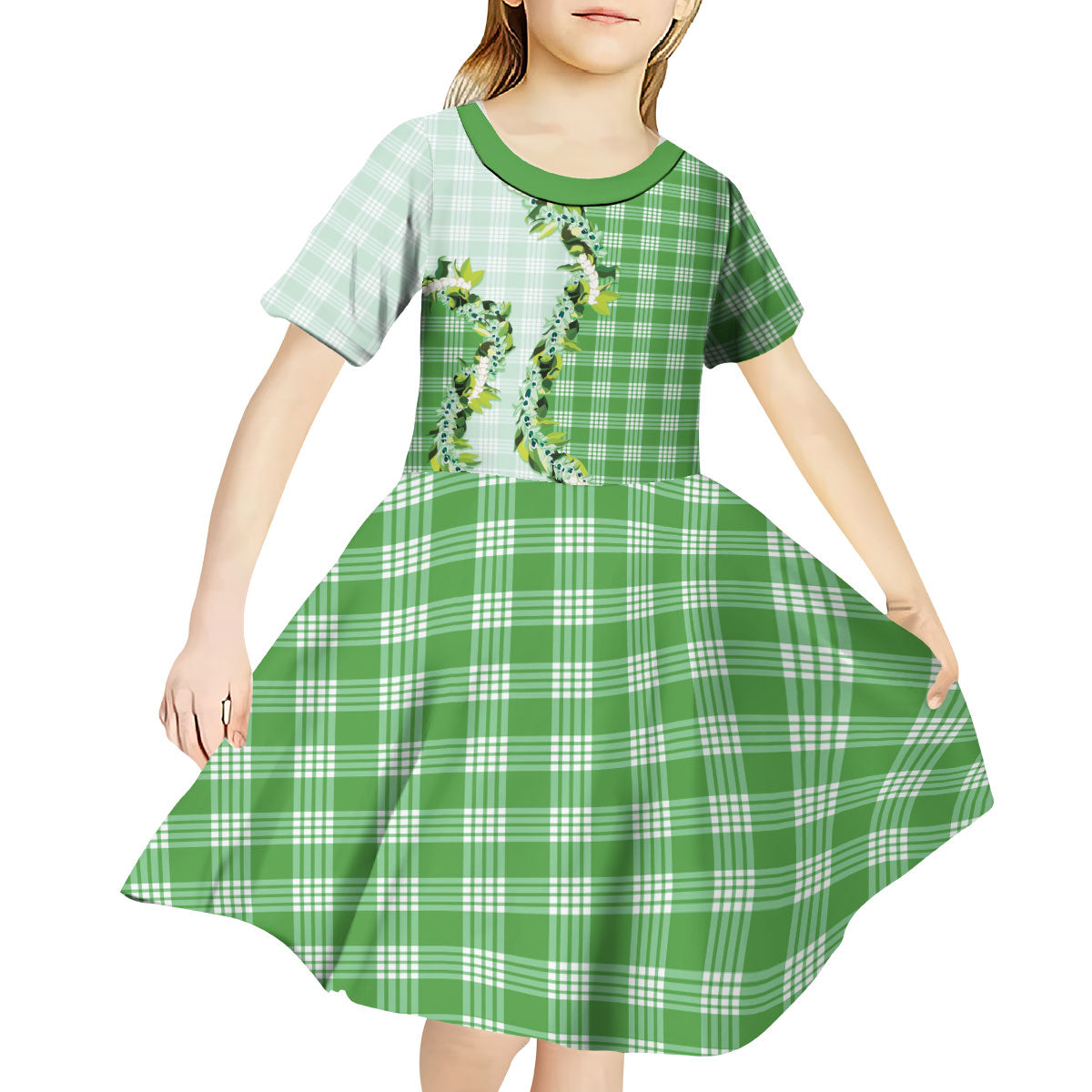 Green Hawaii Palaka Kid Short Sleeve Dress Maile Pikake Honohono Orchid Lei