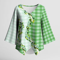 Green Hawaii Palaka Kimono Sleeve Blouse Maile Pikake Honohono Orchid Lei