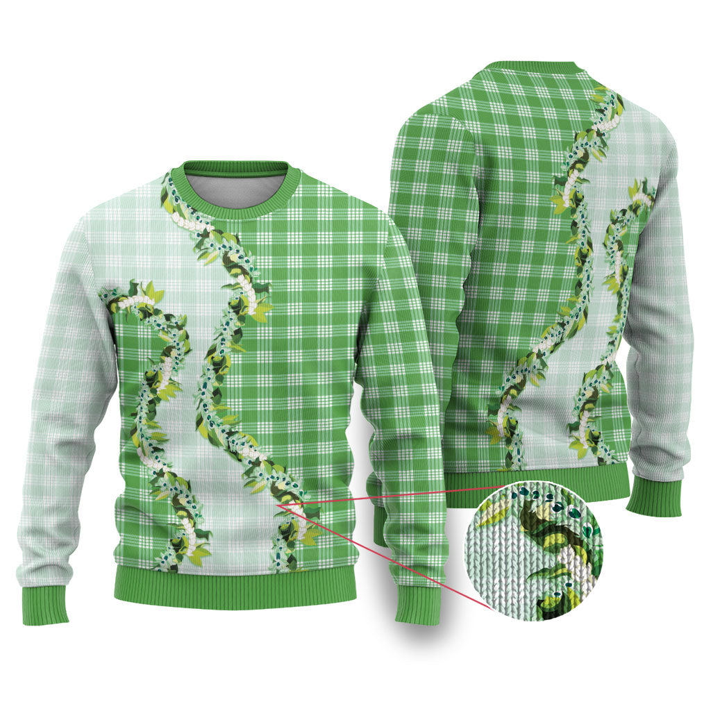 Green Hawaii Palaka Ugly Christmas Sweater Maile Pikake Honohono Orchid Lei