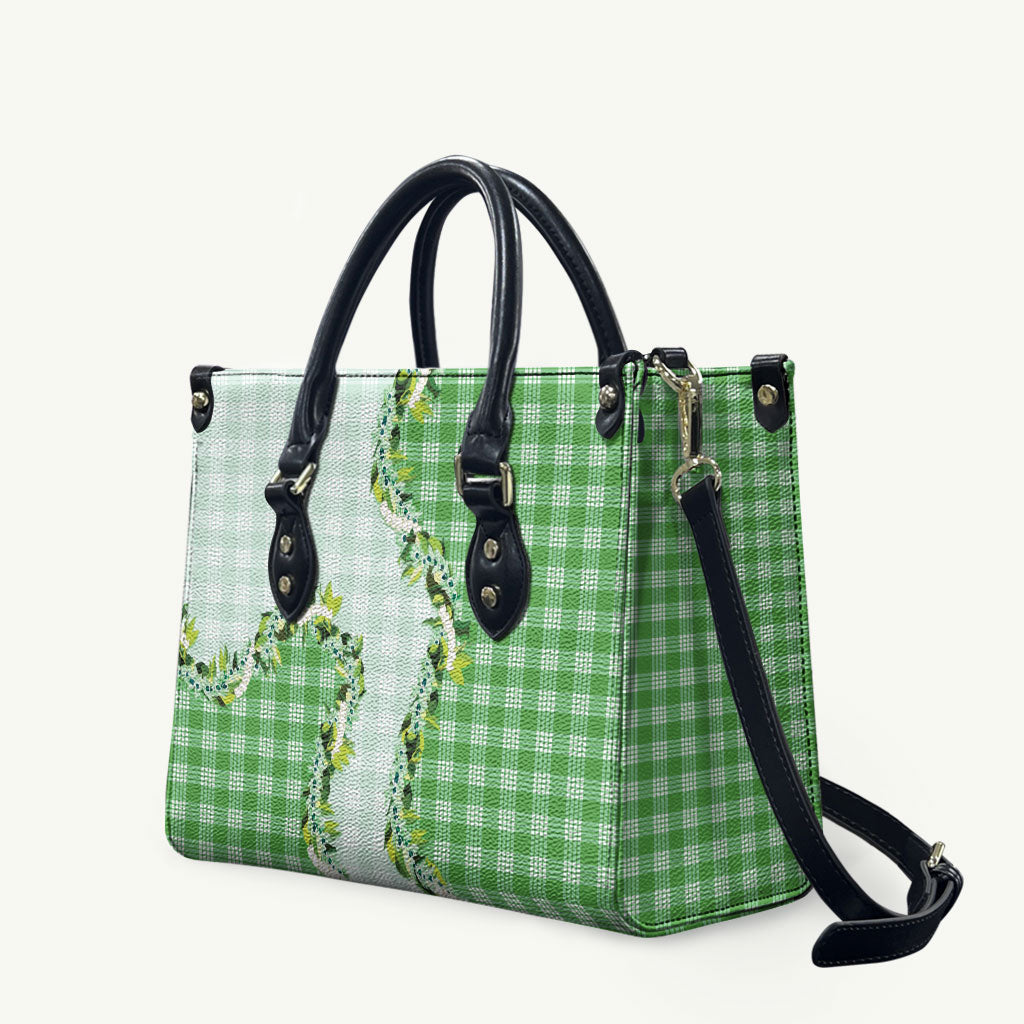 Green Hawaii Palaka Leather Bag Maile Pikake Honohono Orchid Lei LT05 Green - Polynesian Pride