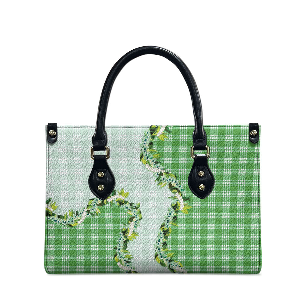 Green Hawaii Palaka Leather Bag Maile Pikake Honohono Orchid Lei LT05 - Polynesian Pride