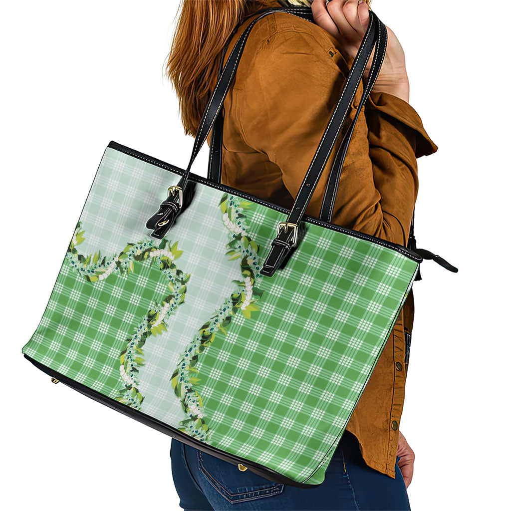 Green Hawaii Palaka Leather Tote Bag Maile Pikake Honohono Orchid Lei