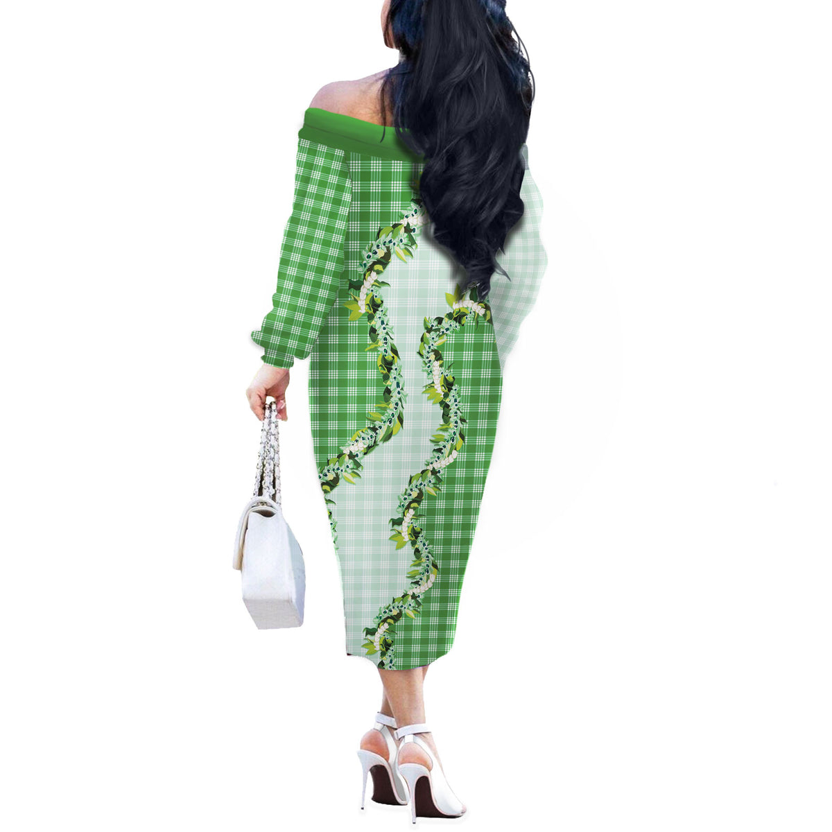 Green Hawaii Palaka Off The Shoulder Long Sleeve Dress Maile Pikake Honohono Orchid Lei