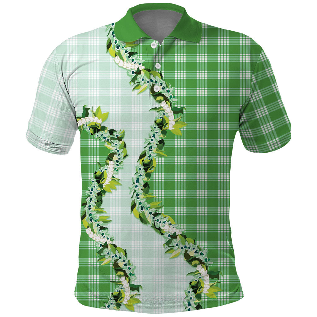 Green Hawaii Palaka Polo Shirt Maile Pikake Honohono Orchid Lei