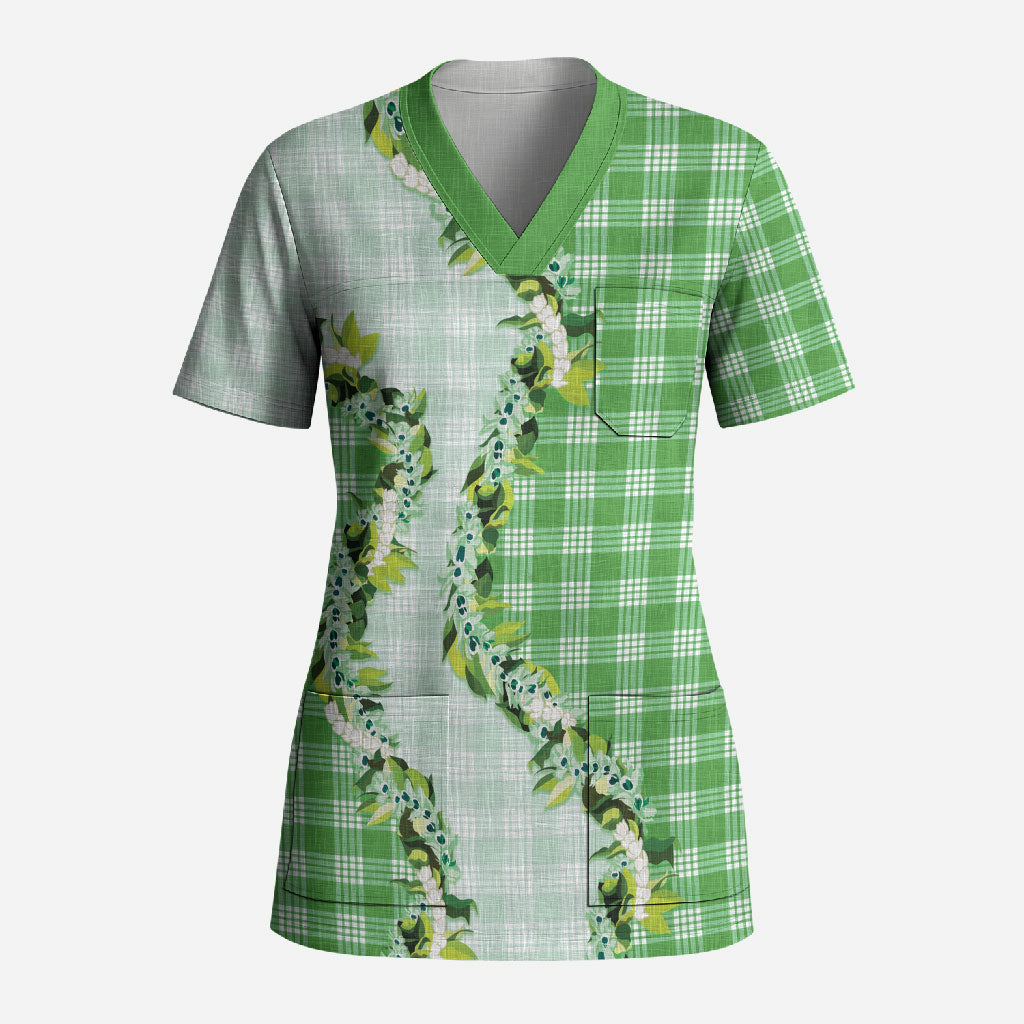 Green Hawaii Palaka Scrub Top Maile Pikake Honohono Orchid Lei
